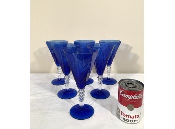 Set Of 6 Cobalt Blue Art Deco Era Wine Glasses 7.5”