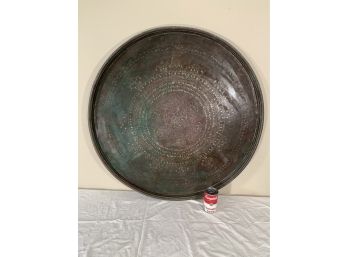 33” Round Antique Copper Tray With Silver Inlay Signed