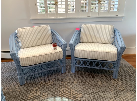 Pair Of 1960’s Vintage Rattan Arm Chairs Upholstered  (A)