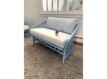 Vintage Rattan Loveseat Professionally Painted And Upholstered (A)