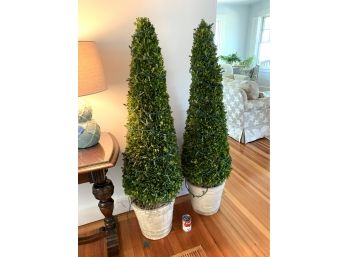 Pair Of Tall Faux Boxwood Topiaries Potted In Heavy Ceramic Pots ( A)
