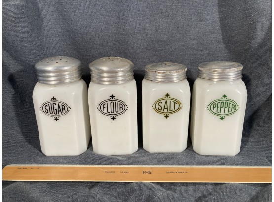 Vintage Milk Glass Shakers Salt, Pepper, Flour, Sugar, Anchor Hocking, Chef Boyardee