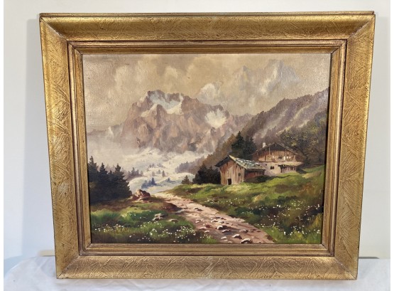 Antique German Oil Painting On Canvas Landscape Scene Signed Michel (B)