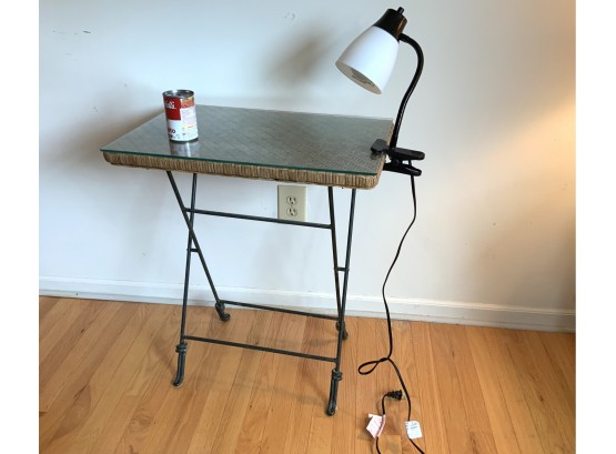 Iron & Wicker Folding Table With Glass Top And Clip On Lamp