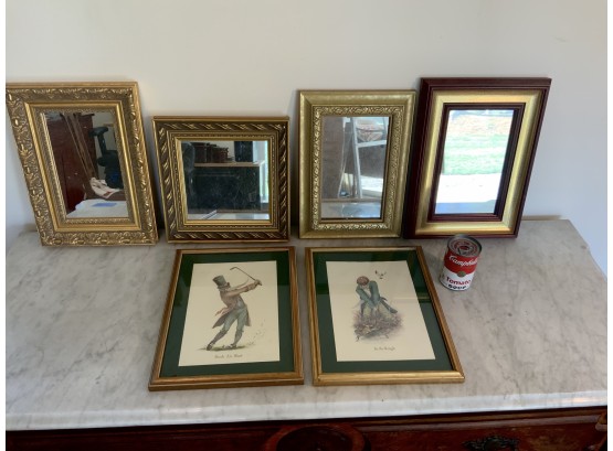 Lot Of 4 Contemporary Mirrors & 2 Humorous Golf Prints