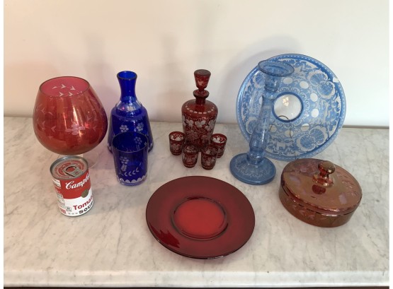 11 Pieces Of Vintage Colored Cut And Etched Table Ware