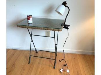 Iron & Wicker Folding Table With Glass Top And Clip On Lamp
