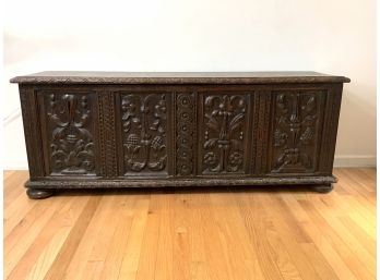 Exceptional Heavy Carved Oak Blanket Chest With Carved Panels And Bun Feet