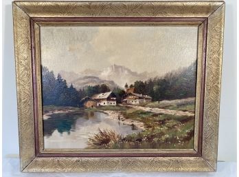 Antique German Oil Painting On Canvas Landscape Scene Signed Michel (C)