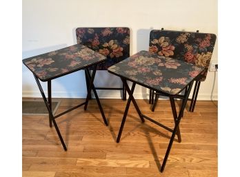 Vintage Set Of 4 Wooden Folding Snack Tables With Stand
