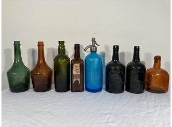 Lot Of 8 Antique Glass Bottles, Soda, Whisky, Mineral Water