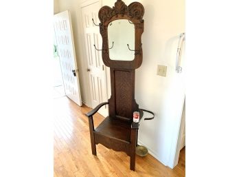 Antique Tiger Oak Hall Mirrored Hall Seat With Coat Racks