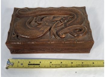 Antique Asian Walnut Carved Jewelry Box In Relief With Stylized Dragon