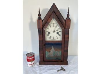 Antique Waterbury Clock Ogee Mahogany Steeple Clock Reverse Painted Glass