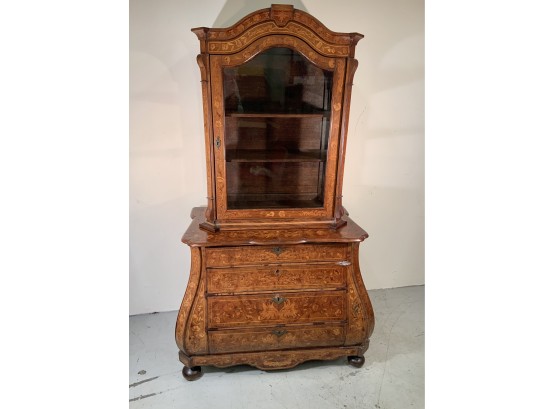 Antique Dutch Marquetry Display Cabinet With Bombay Shaped 4 Drawer Base.