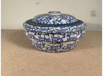 Antique Blue Sponge Ware Covered Bowl/ Baking Dish  With Lid