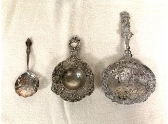 3 Antique Silver Tea Strainer Spoons