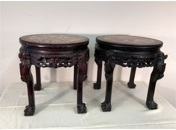 Pr. Antique  Asian Ornately Carved Rosewood & Soapstone Stands/tables