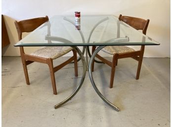Hollywood Regency Brass And Chrome Glass Top Dining Table