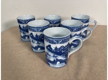 Set Of 6 MMA Canton Blue And White Porcelain Mugs
