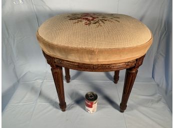 Antique French Style Walnut Tall Stool With Needlepoint Upholstery