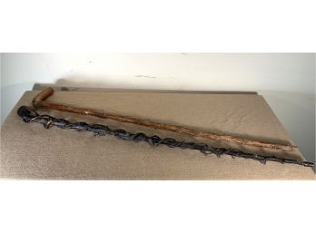 Pair Antique Folk Art Walking Sticks With Carved Alligator