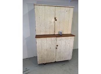 Antique Setback Pine New England  Cupboard