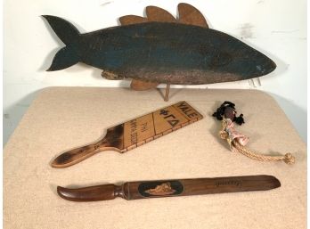 4 Piece Lot Of Interest Hand Made Items Including YALE PADDLE & Folk Art Doll
