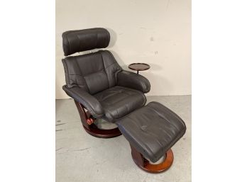 Benchmaster Dark Auburn Leather Lounge Recliner And Ottoman