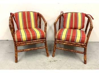 Pair Faux Painted Bamboo Chairs With Striped Upholstery