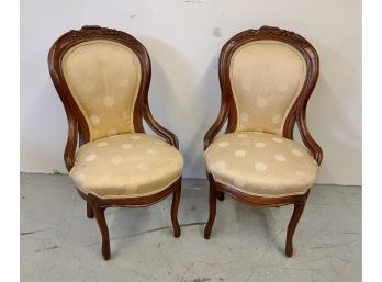 Pair French Style Victorian Walnut Occasional Upholstered Chair With Carved Tops