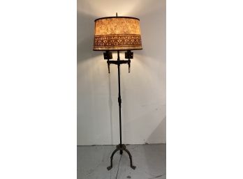 Antique Samuel Yellin Style Wrought Iron Floor Lamp With Mica Shade