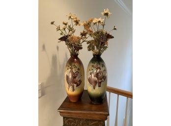 Pair Of Hand Painted Bristol Glass Vases 15”