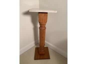 Antique Oak Newel Post Pedestal With Marble Top