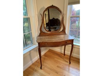 Antique Victorian Oak Vanity With Beveled Glass Mirror