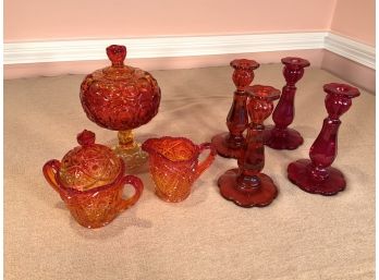 Vintage Sandwich Style Pedal Base Candlesticks And 3 Pieces Of Amberina