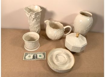 6 Pc. Lenox Cream And Gold Porcelain Vases And More