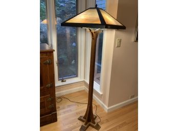 Contemporary Arts & Crafts Mission Oak Floor Lamp With Stainglass Shade