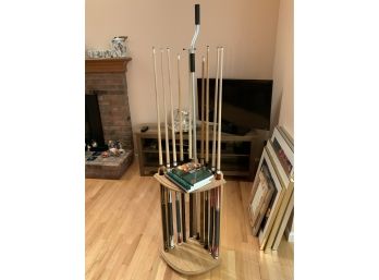 Oak Rack Of Pool Que’s With 8 Cue’s  & 3 Books