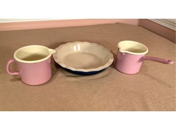 Reiss Pink Enamelware Pots And Le Creuset Stoneware Pie Dish