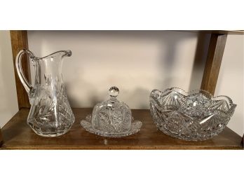 Group Of 3 American Brill Period  Antique Cut Glass Items