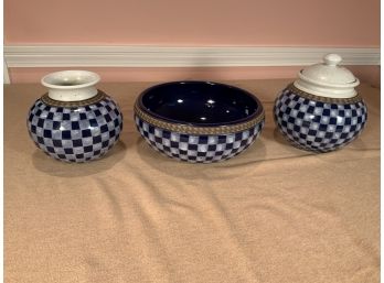 Lot Of 3 Pang Blue And White Checkered Glaze Table Pottery