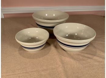 3 Pc. Roseville Ohio Stoneware Mixing Bowls With Blue Band