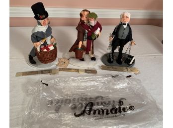 3 Annalee Dickens Series Christmas Figures With Original Package& Brass Plaques