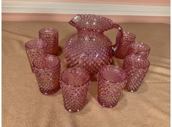 9 Pc. Signed Fenton Opalescent Pink Hobnail Lemonade Pitcher And Glasses