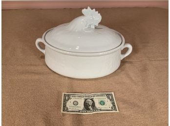 Apilco France White Porcelain Covered Vegetable Dish With Rooster Handle