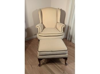 Vintage Cream Queen Anne Wing Chair With Ottoman