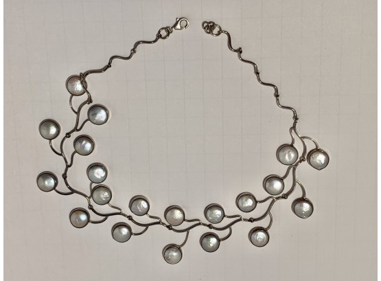 Mid Century Custom Design & Handmade Sterling 925 Mobe Pearl Necklace FREE SHIPPING