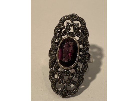 Amethyst  &  Sterling Women's Filigree Ring With Marcasites ( FREE SHIPPING )