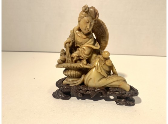 Vintage Carved Chinese Hardstone Figure On Rosewood Stand ( FREE SHIPPING )